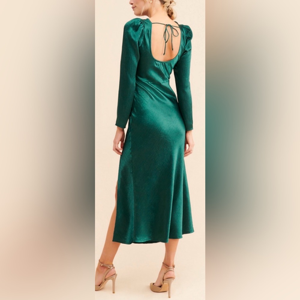 Anthropologie RAHI evening satin dress. Cowl neckline, long sleeves. Green. M